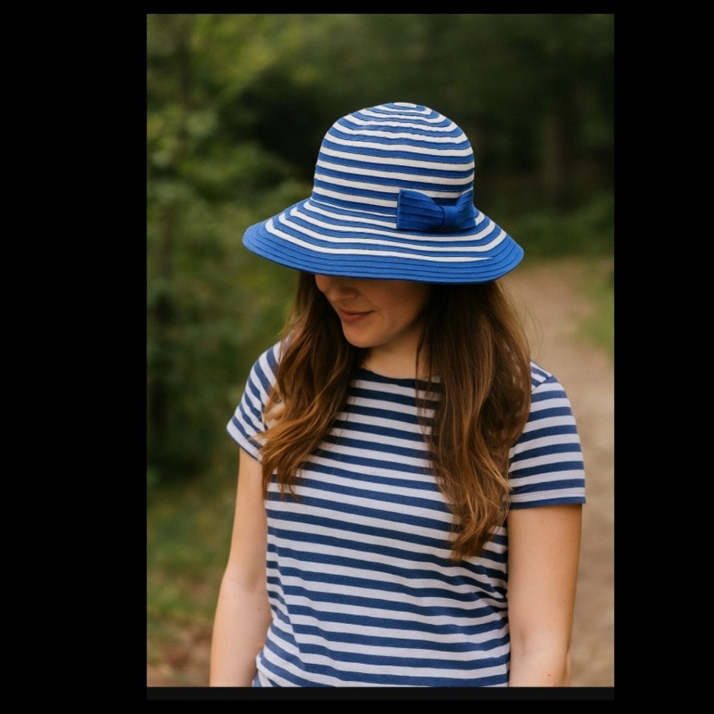 Sun 'N' Sand Snap & Go Classic Hat Blue & Beige Striped UPF50 Packable Travel●